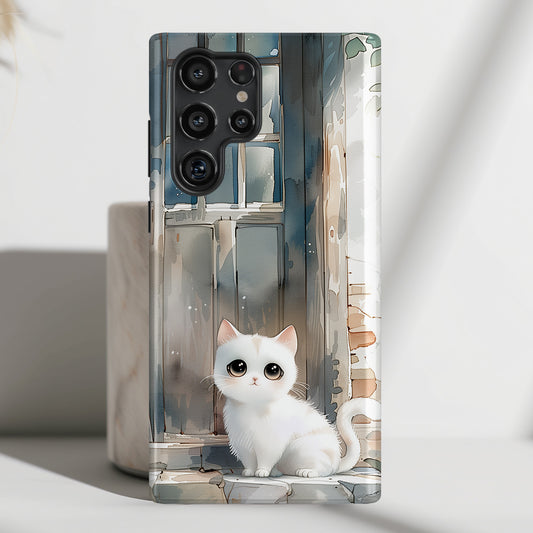 Cute White Cat Watercolour Art Design Case for Galaxy S series Phones