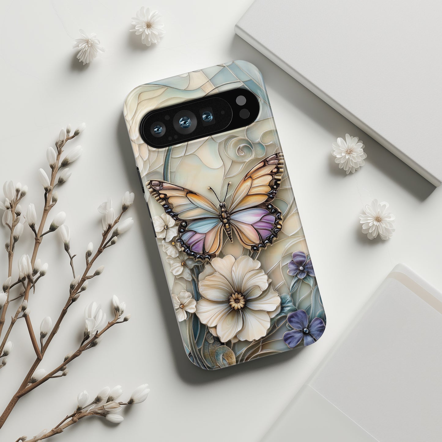 Elegant Butterfly & Flowers Stained Glass Design 2 Phone Case for Google Pixel