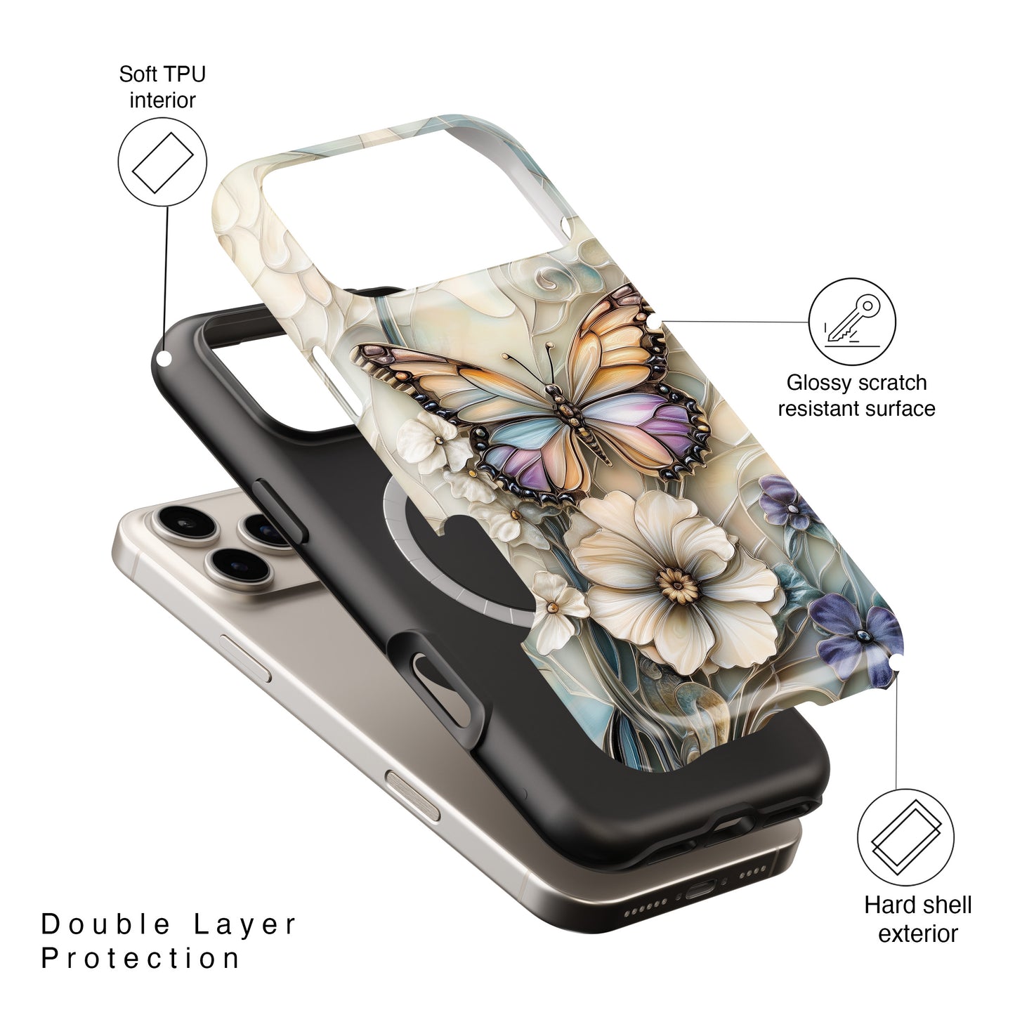 Elegant Butterfly & Flowers Stained Glass Design 2 iPhone Case