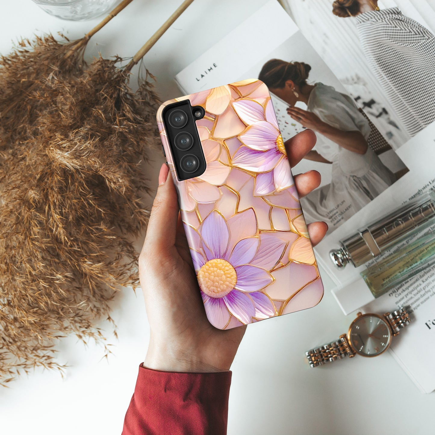 Elegant Pink Purple Floral Design Case for Galaxy S series Phones