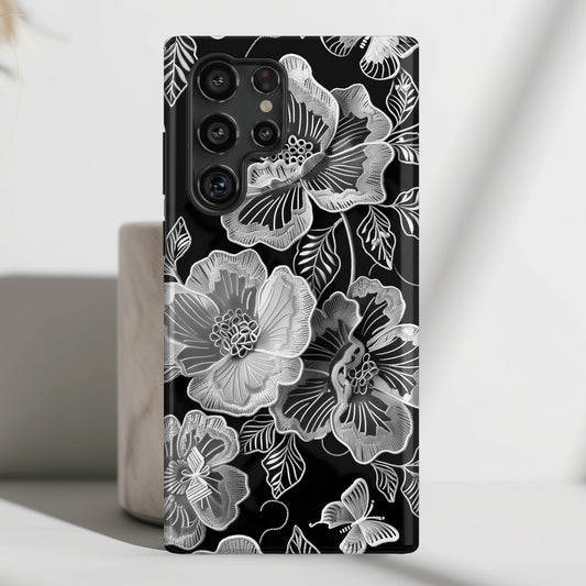 Elegant Vintage Black Lace Floral Design Case for Galaxy S series Phones