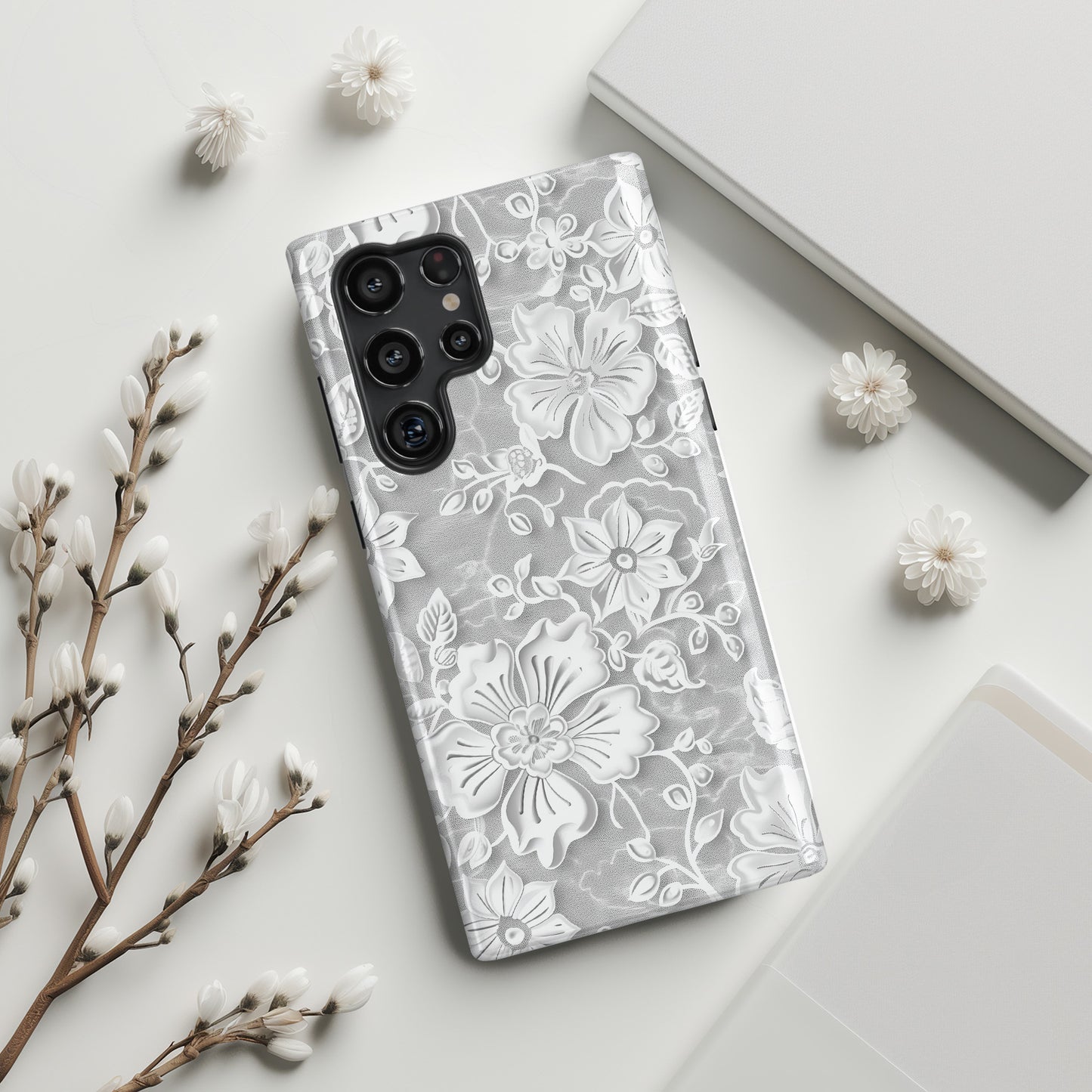 Elegant White Floral Lace Design Samsung Phone Case