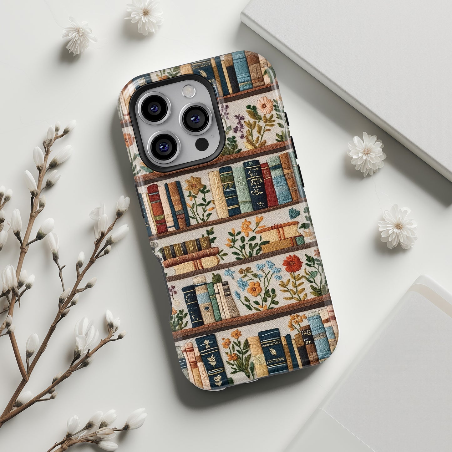 Floral Bookshelf Embroidery Art  Design iPhone Case