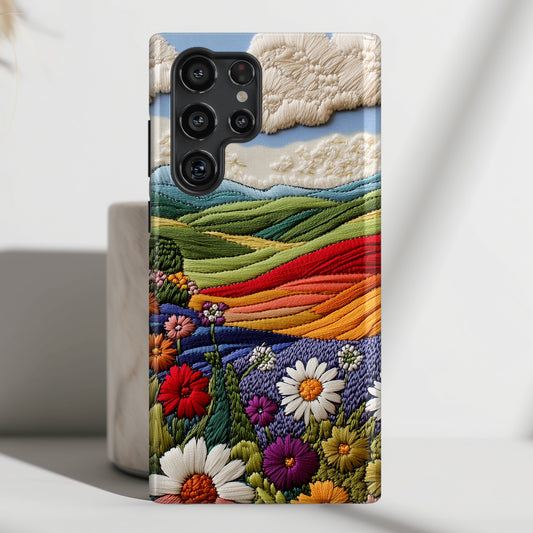 Flower Blooming Hills Embroidery Art Design Phone Case for Galaxy S series Phones