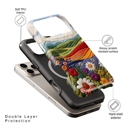 Flower Blooming Hills Embroidery Art Design iPhone Case