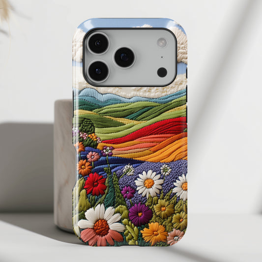 Flower Blooming Hills Embroidery Art Design iPhone Case
