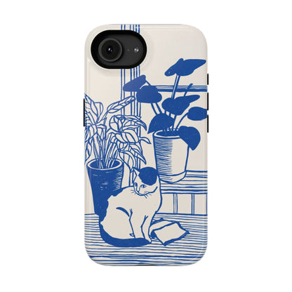 The Sunroom Cat – Blue & White Linocut Design iPhone Case