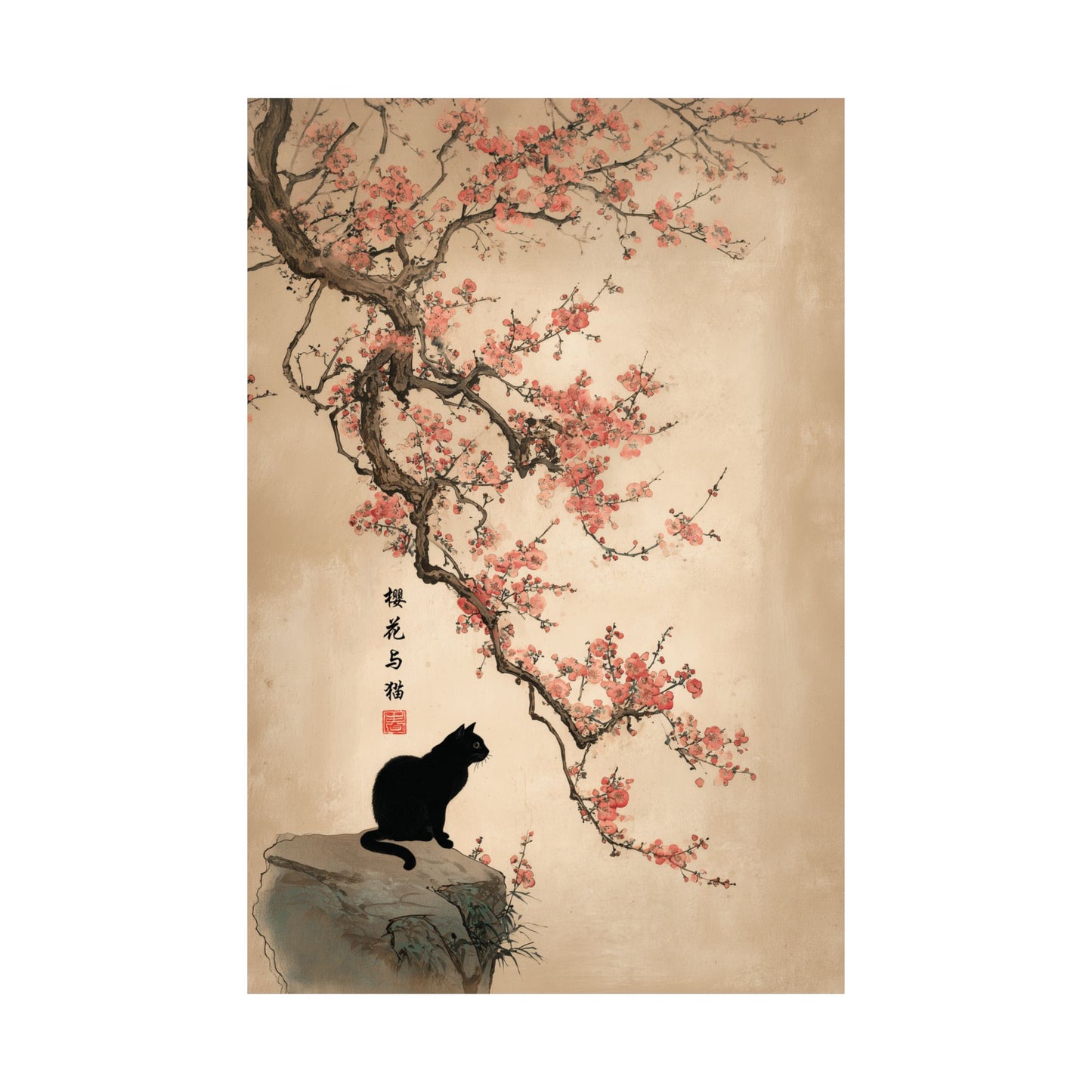 The Contemplative Cat – Traditional Ink Wash Design Wall Art