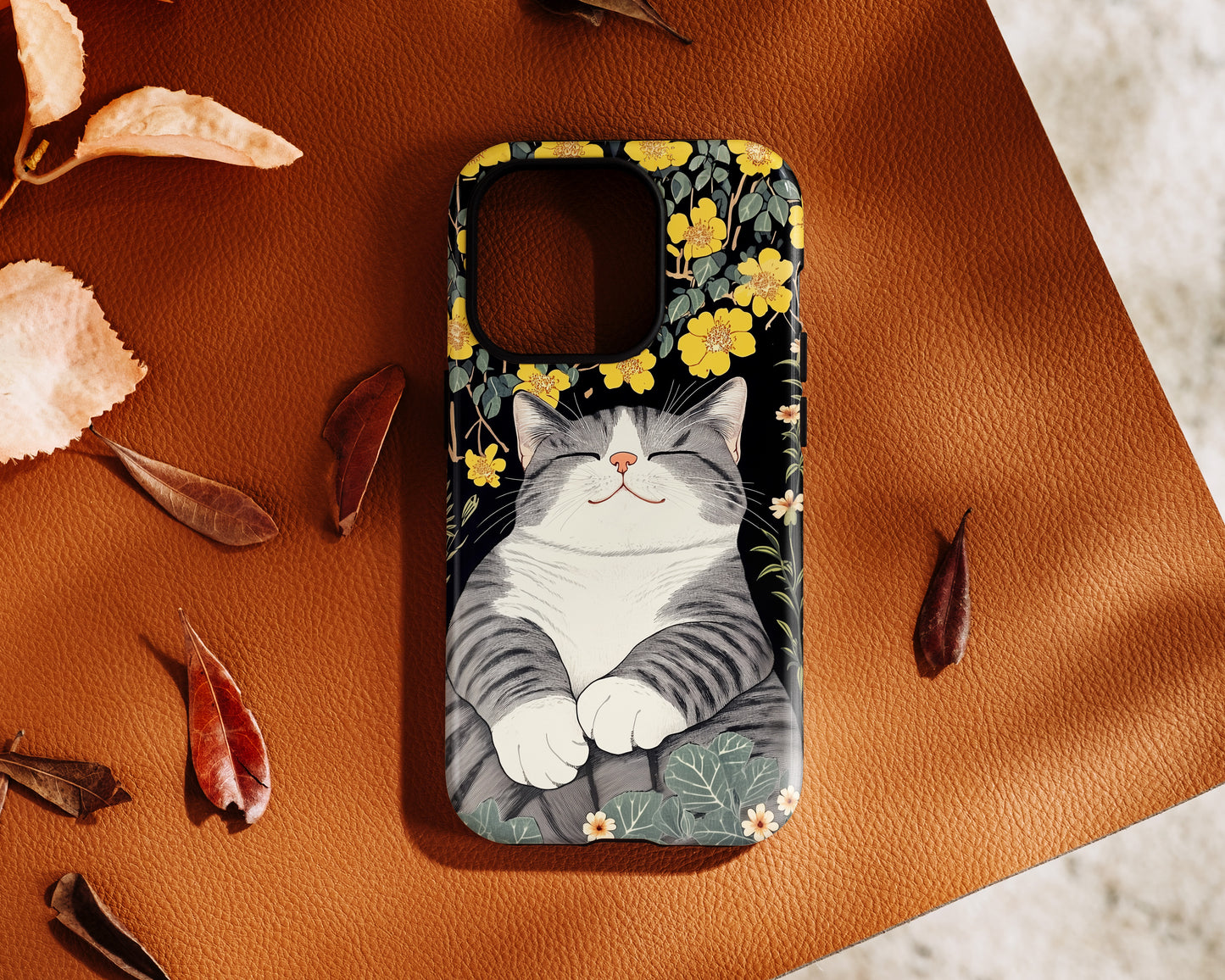 Happy Fat Cat Japanese Woodblock Print Style Design iPhone Case