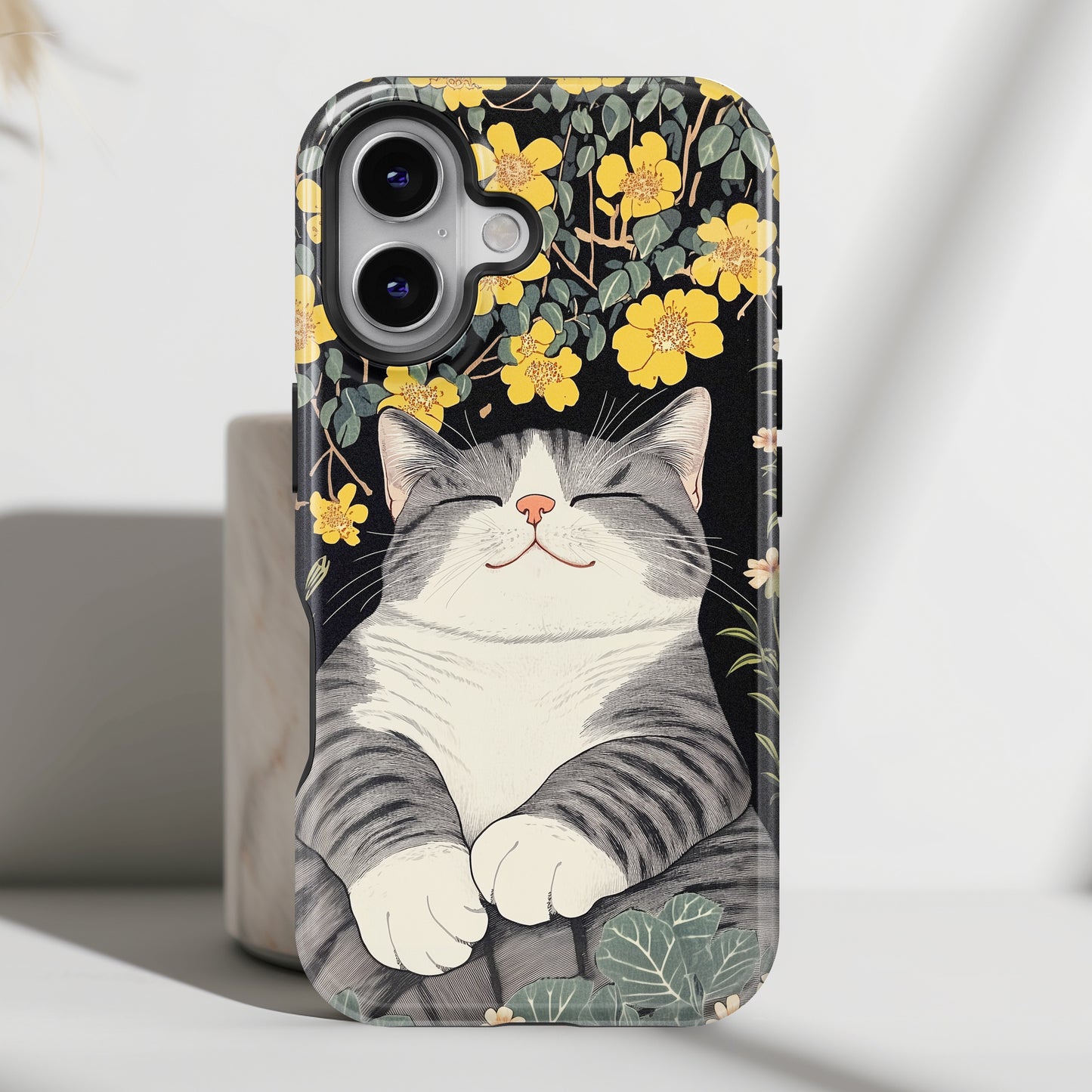 Happy Fat Cat Japanese Woodblock Print Style Design iPhone Case