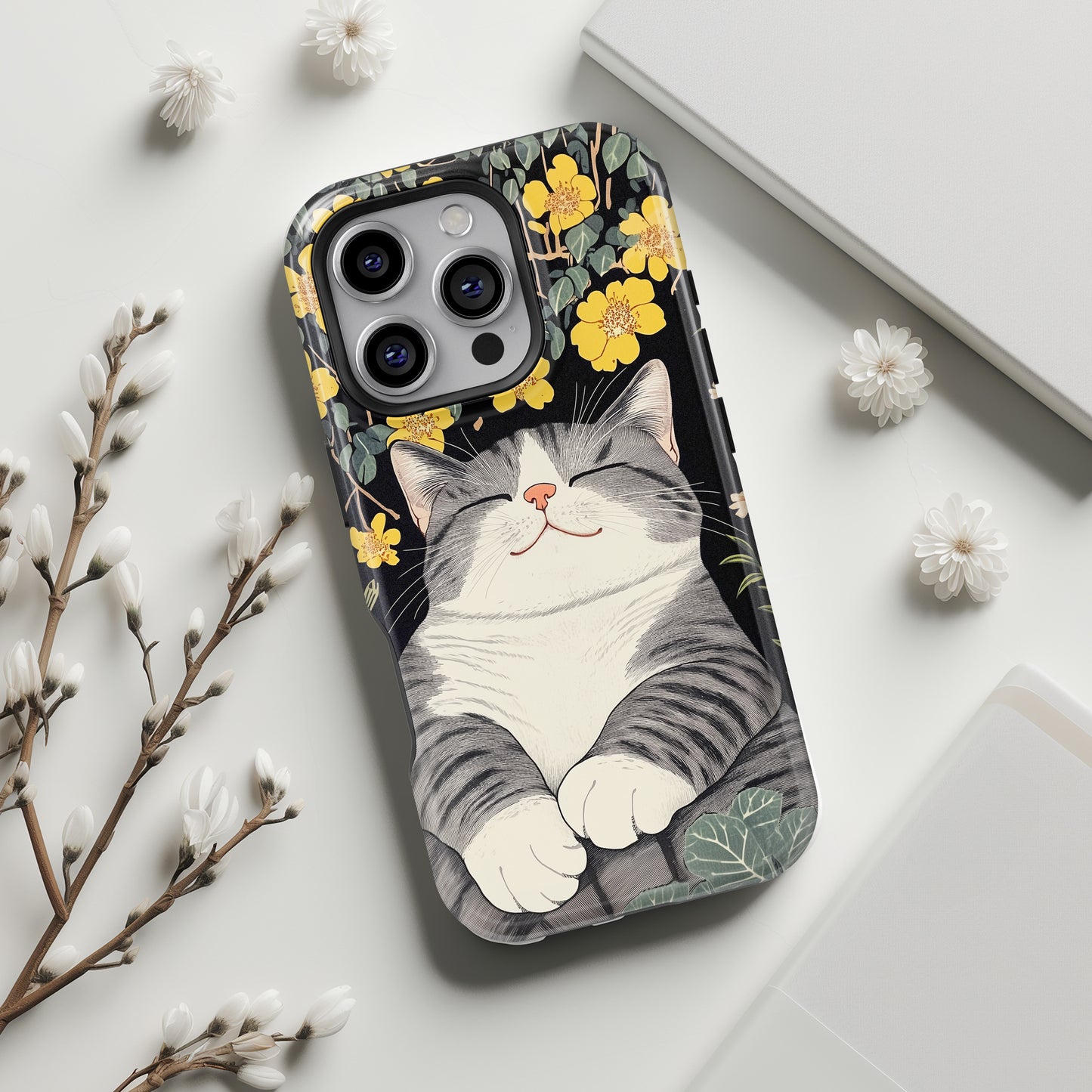 Happy Fat Cat Japanese Woodblock Print Style Design iPhone Case