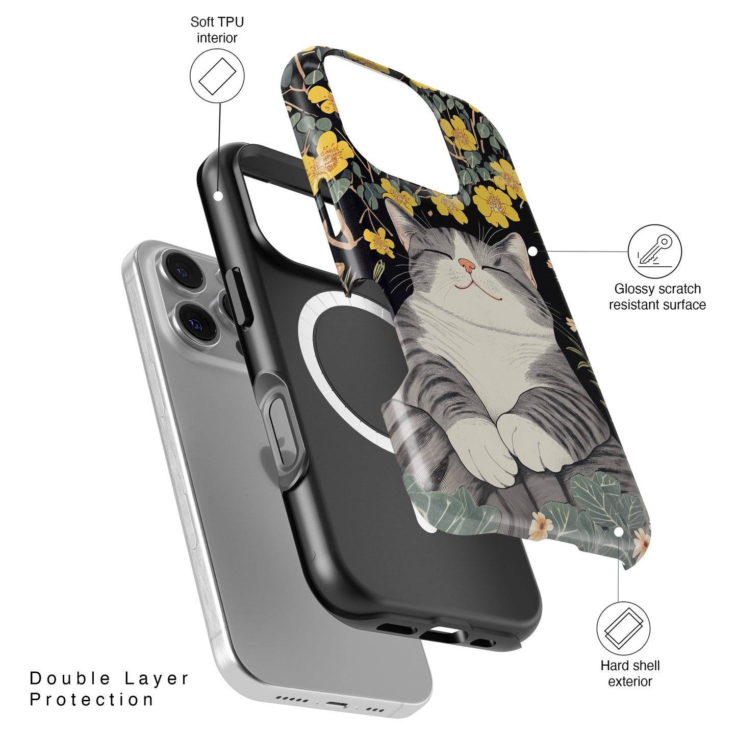 Happy Fat Cat Japanese Woodblock Print Style Design iPhone Case