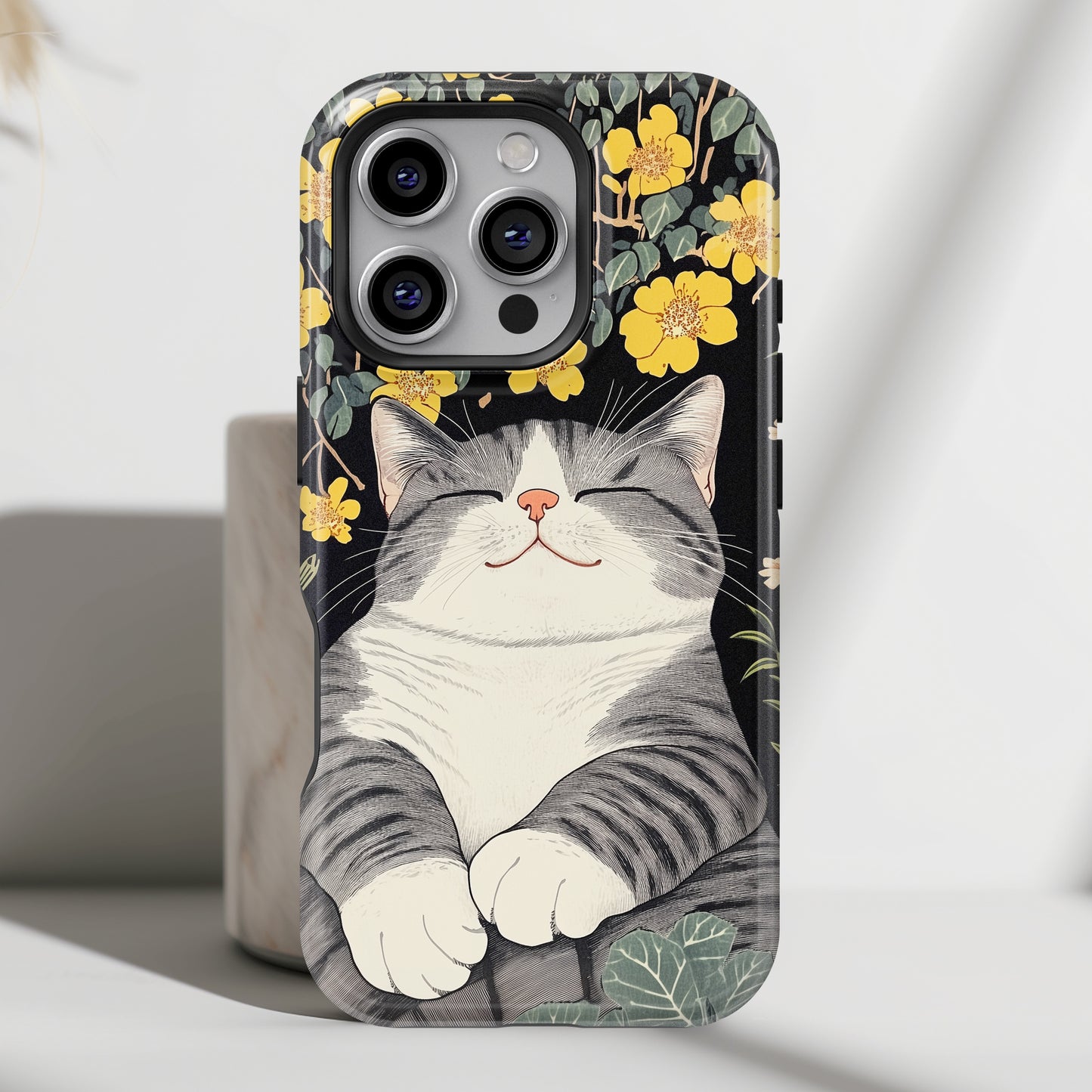 Happy Fat Cat Japanese Woodblock Print Style Design iPhone Case