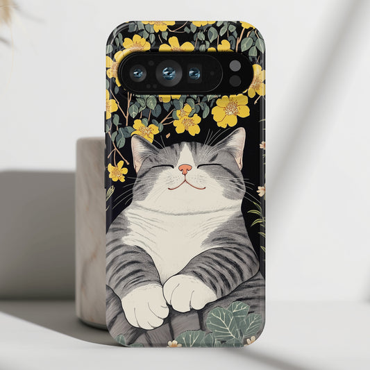 Happy Fat Cat Japanese Woodblock Print Style Design Phone Case for Google Pixel