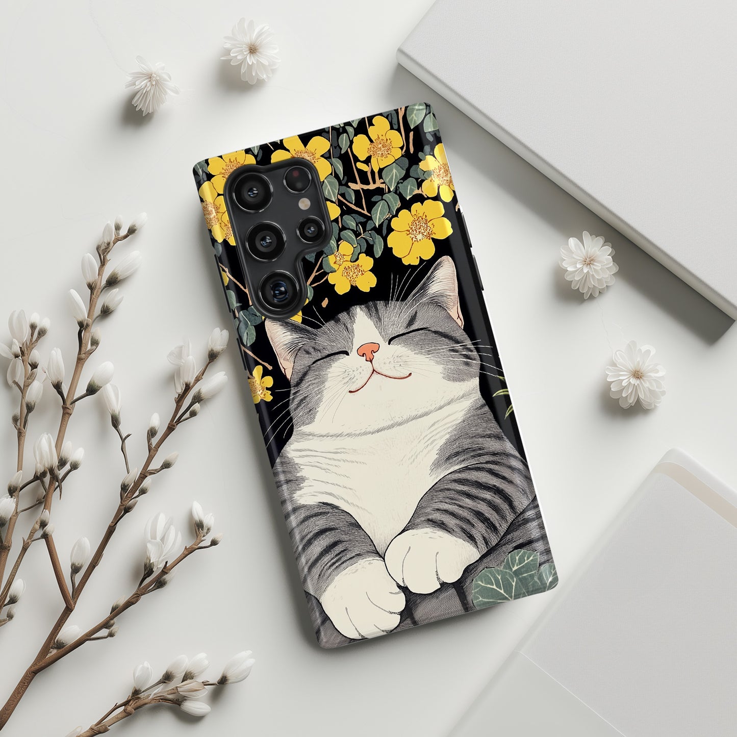 Happy Fat Cat Japanese Woodblock Print Style Design Case for Galaxy S series Phones
