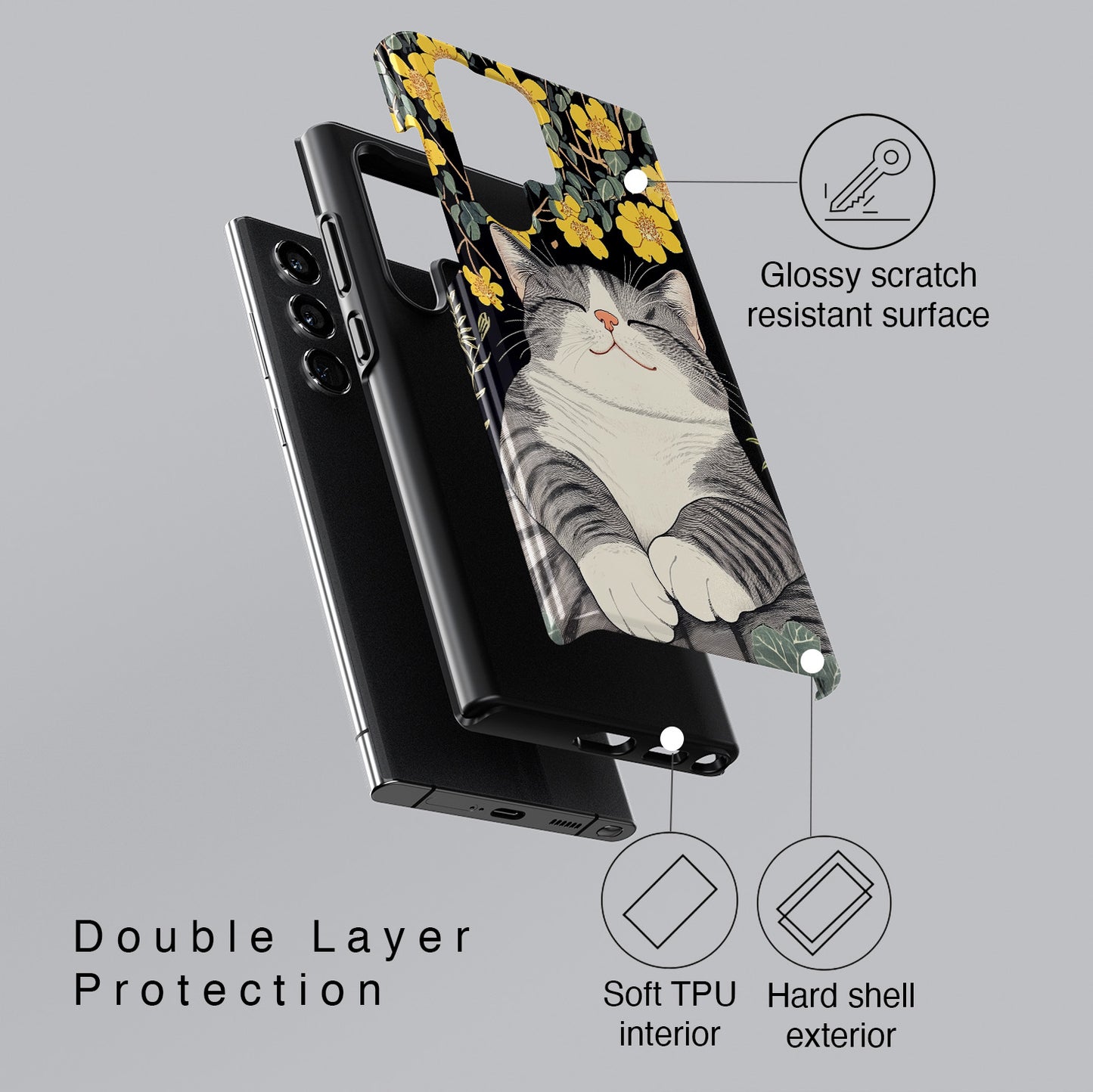 Happy Fat Cat Japanese Woodblock Print Style Design Case for Galaxy S series Phones