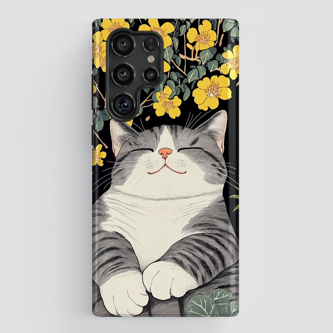 Happy Fat Cat Japanese Woodblock Print Style Design Case for Galaxy S series Phones