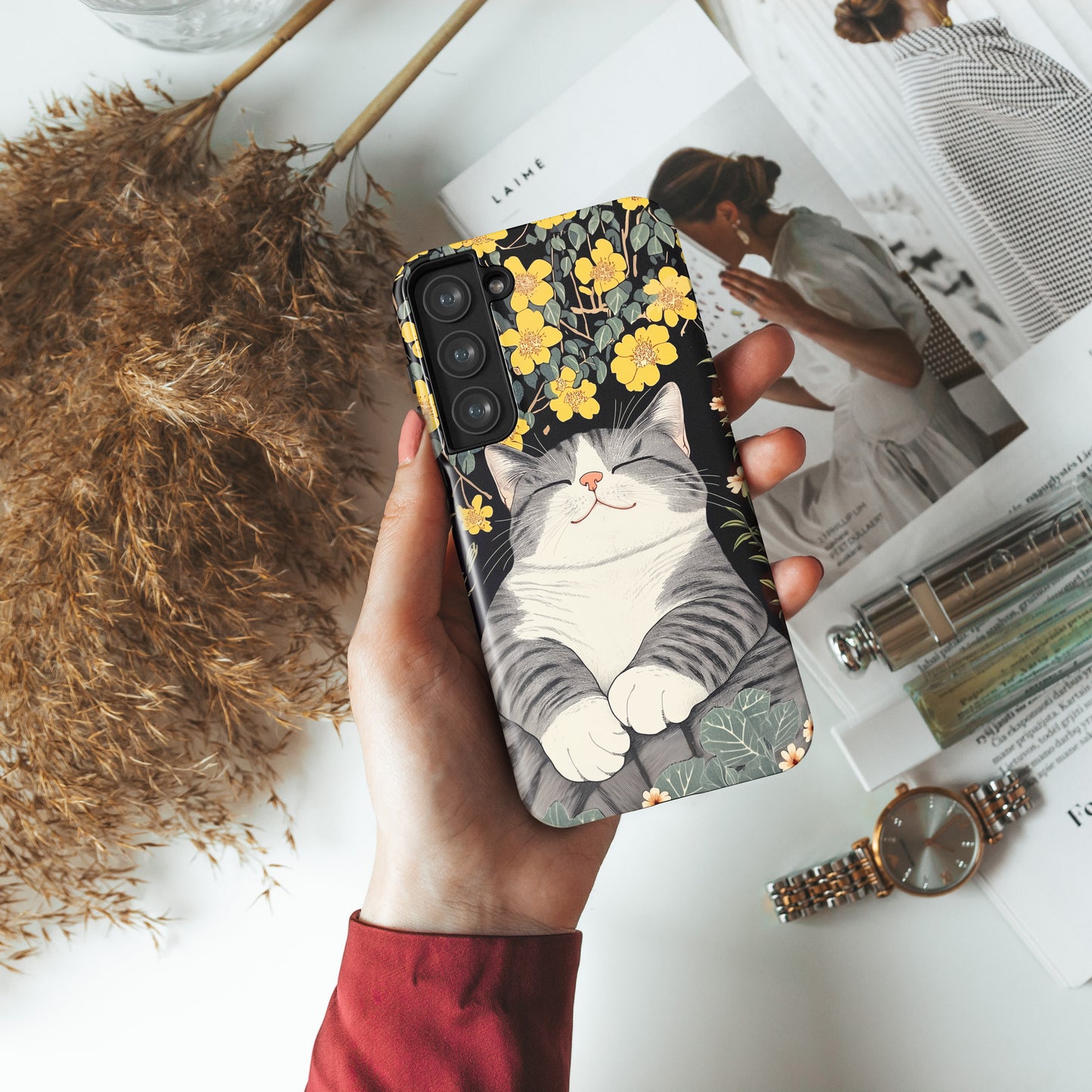 Happy Fat Cat Japanese Woodblock Print Style Design Case for Galaxy S series Phones