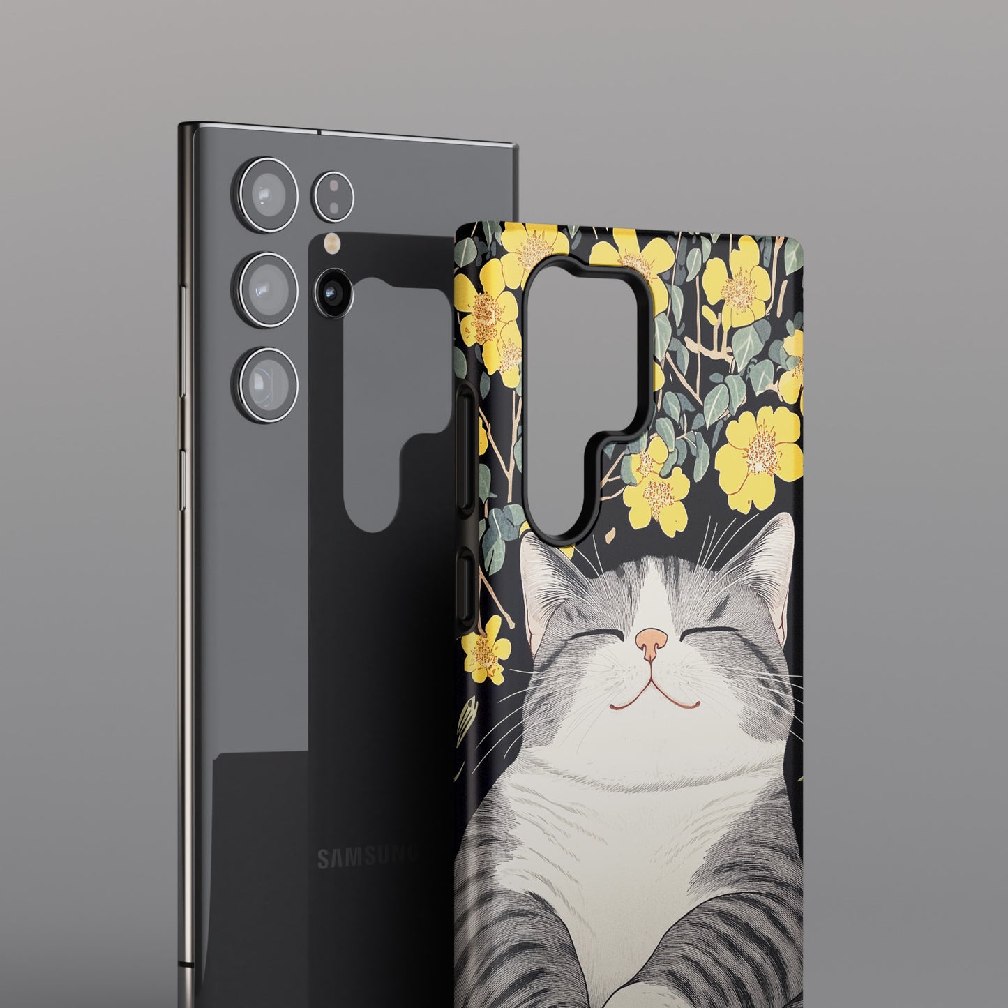 Happy Fat Cat Japanese Woodblock Print Style Design Case for Galaxy S series Phones