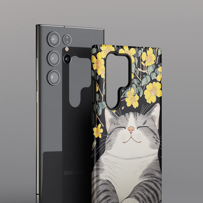 Happy Fat Cat Japanese Woodblock Print Style Design Case for Galaxy S series Phones