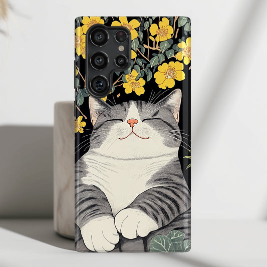 Happy Fat Cat Japanese Woodblock Print Style Design Case for Galaxy S series Phones