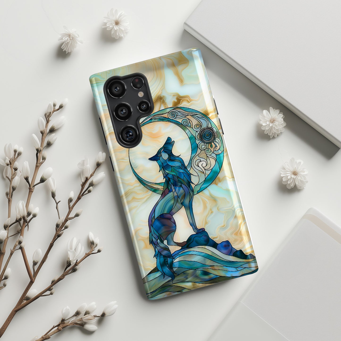 Howling Wolf Stained Glass Design Case for Galaxy S series Phones