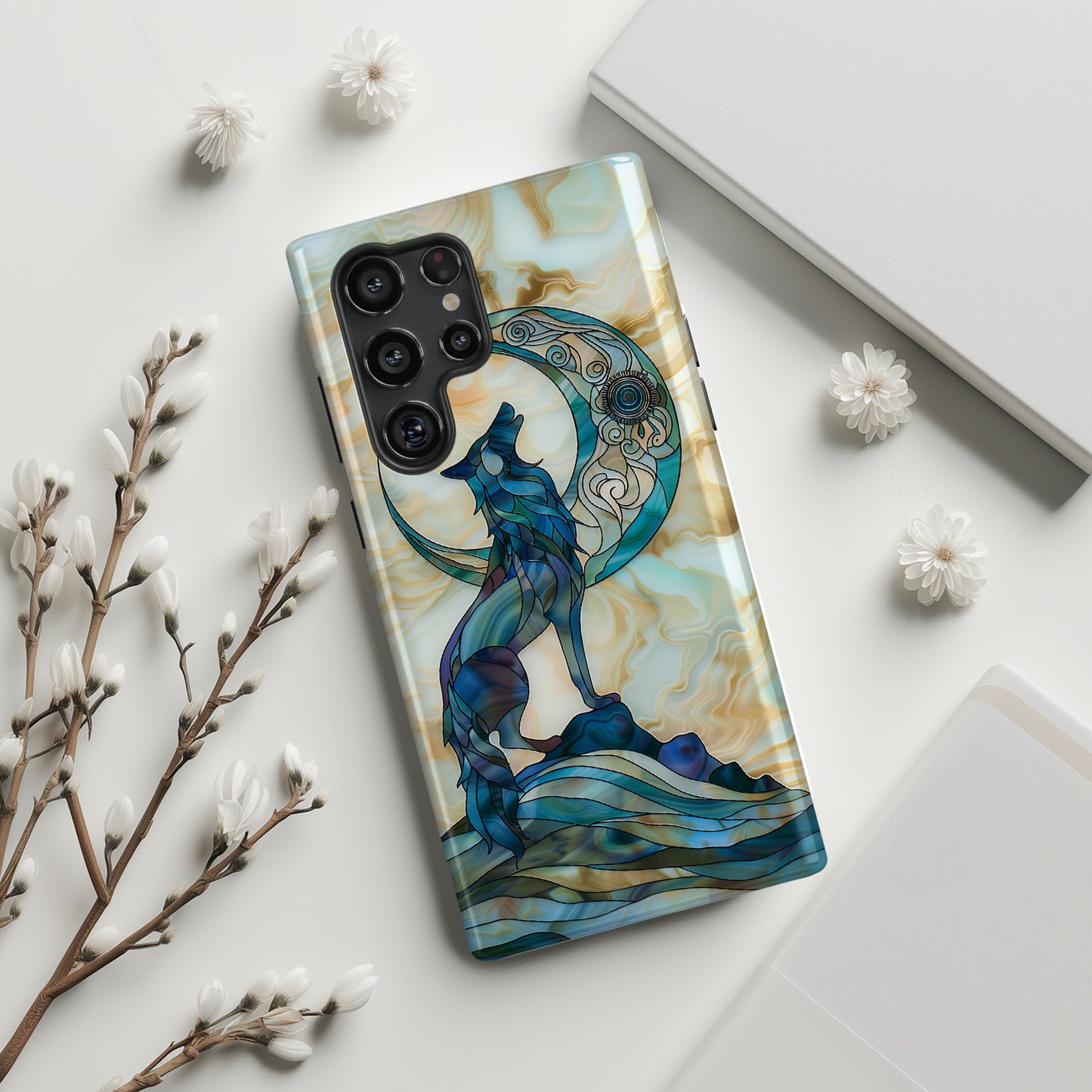 Howling Wolf Stained Glass Design Samsung Phone Case