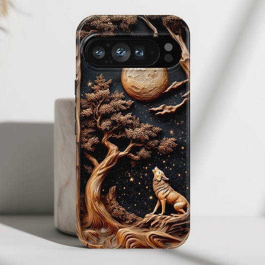 Howling Wolf Wooden Art Design Phone Case for Google Pixel