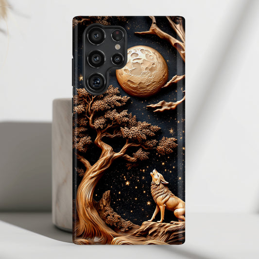 Howling Wolf Wooden Art Phone Case for Galaxy S series Phones