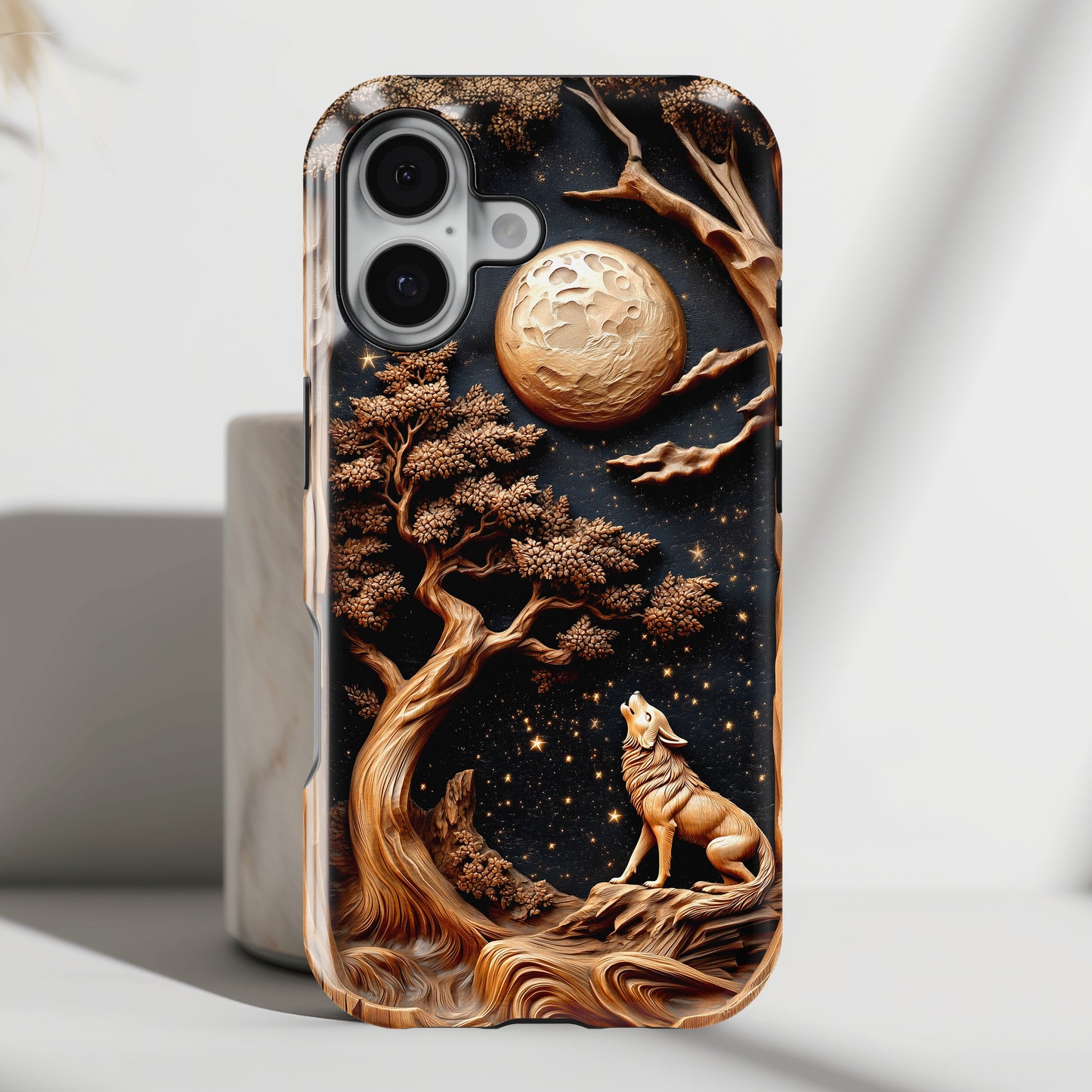 Howling Wolf Wooden Art Design iPhone Case