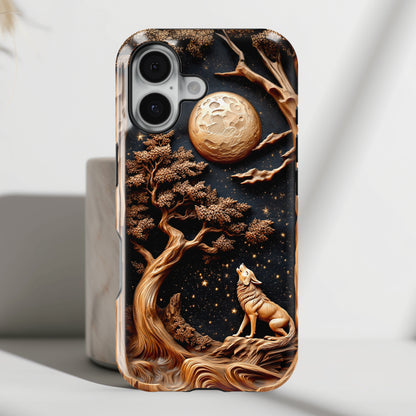 Howling Wolf Wooden Art Design iPhone Case