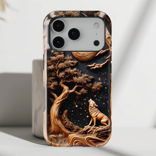 Howling Wolf Wooden Art Design iPhone Case