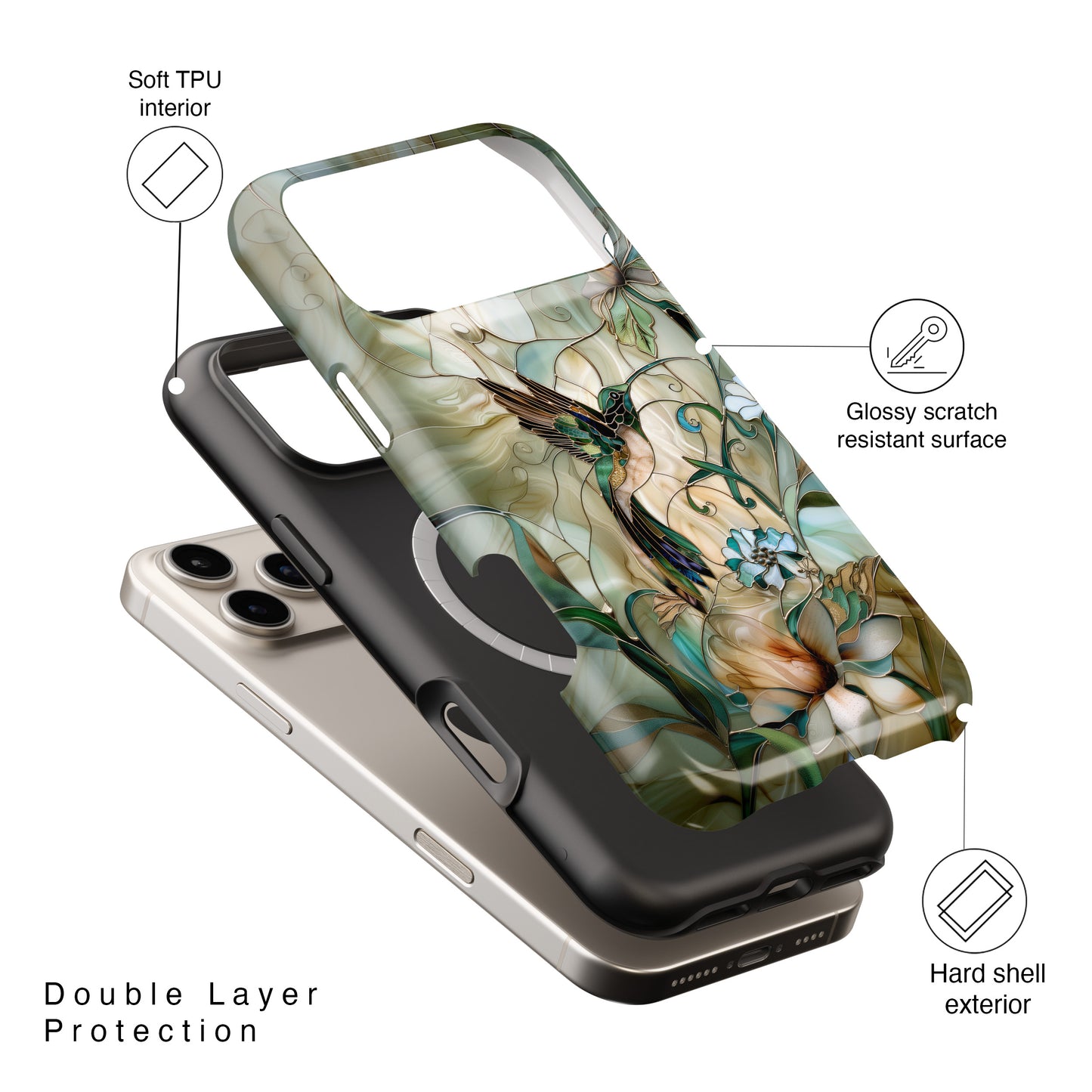 Hummingbird & Flower Stained Glass Design iPhone Case