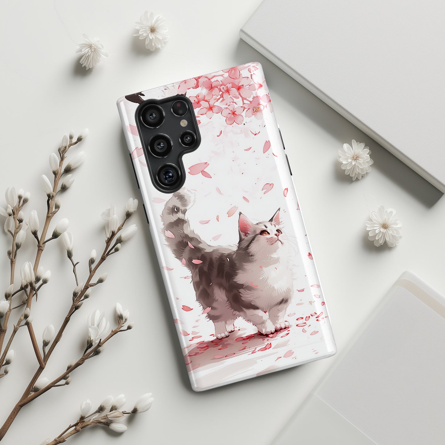 Joyful Cat Cherry Blossom Watercolour Design Case for Galaxy S series Phones