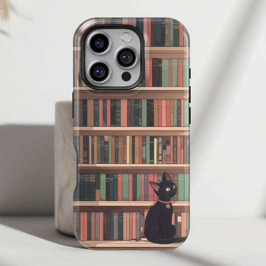 Kawaii Black Cat on Bookshelf Design iPhone Case