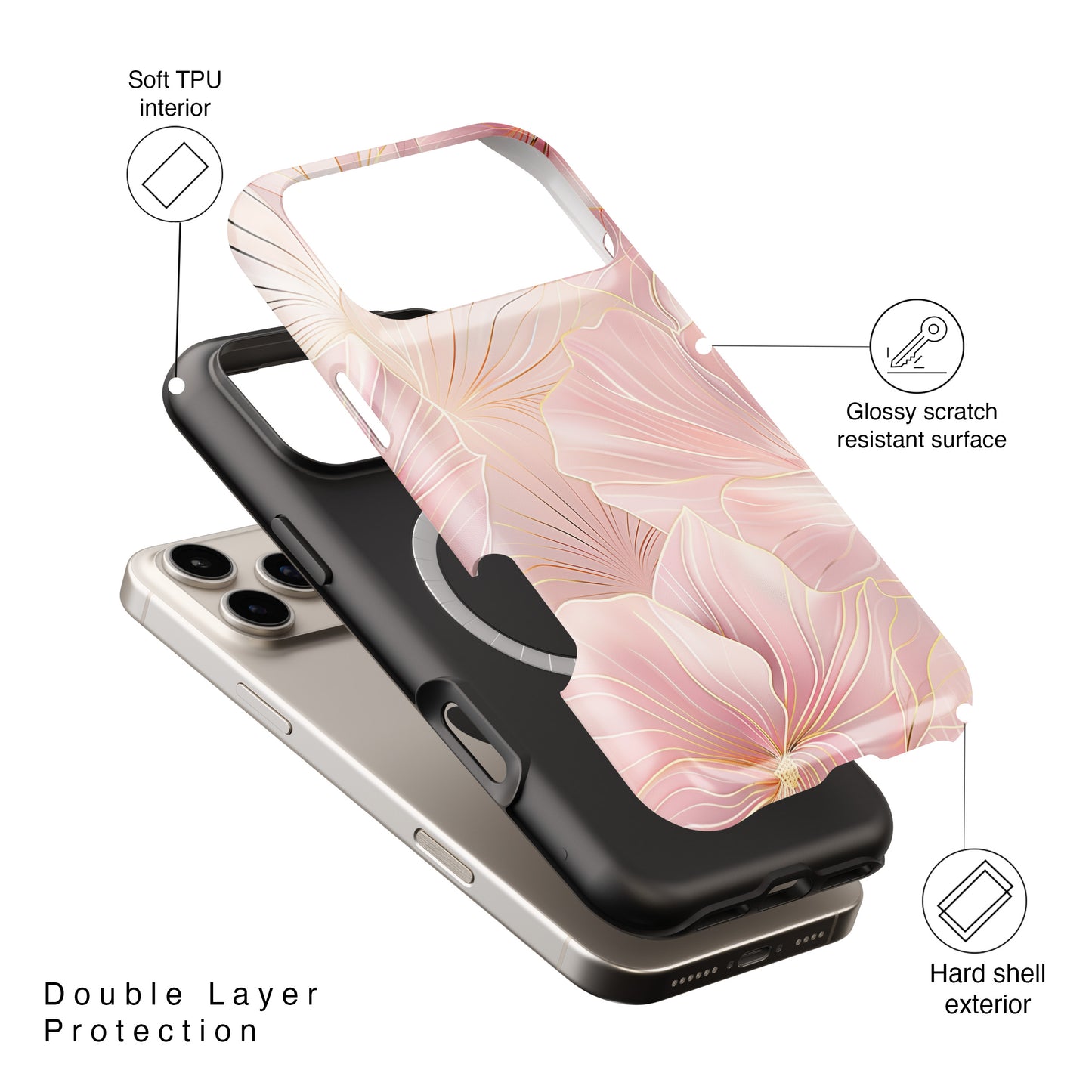Luxury Pink Floral with Golden Lining Design iPhone Case