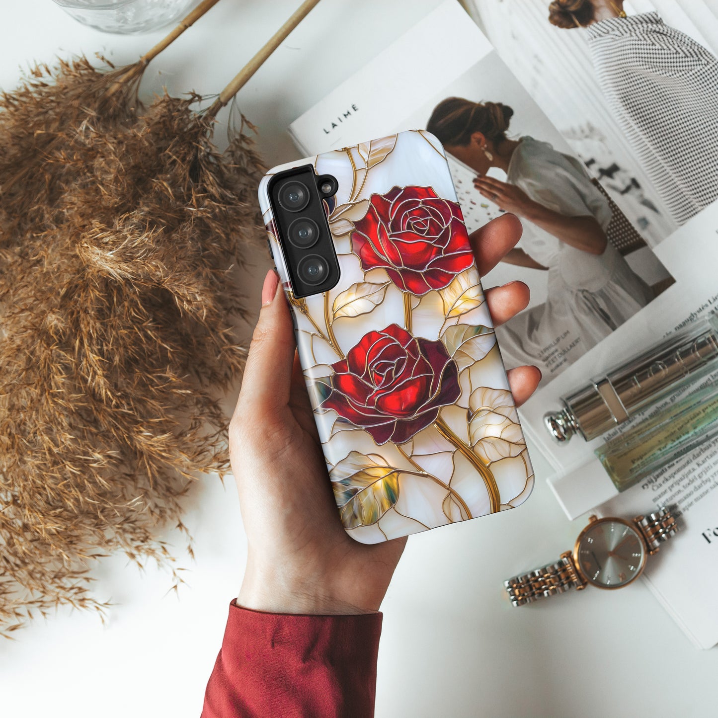 Luxury Red Rose Stained Glass Design Phone Case for Galaxy S series Phones