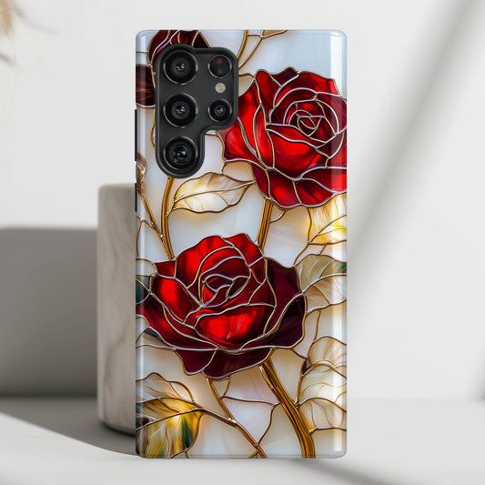 Luxury Red Rose Stained Glass Design Phone Case for Galaxy S series Phones