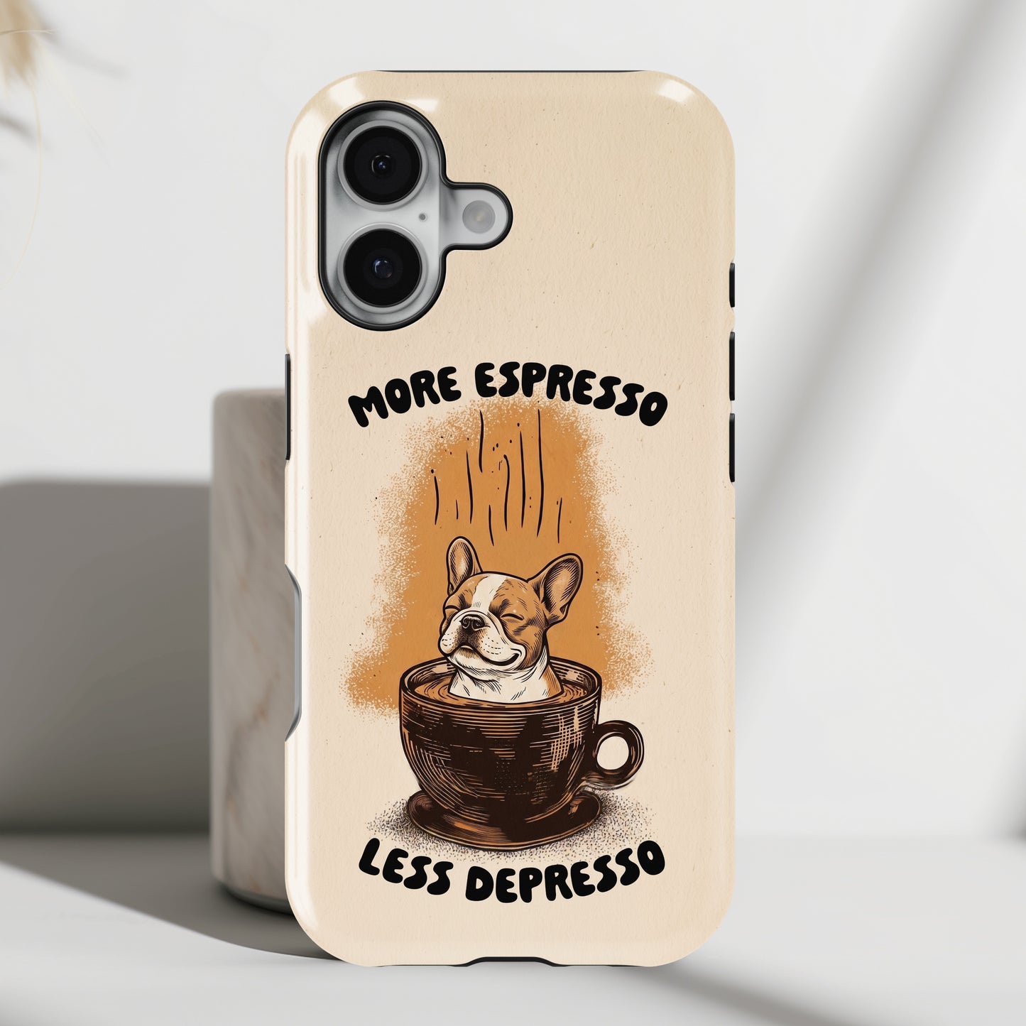 More Espresso, Less Depresso – Frenchie Coffee Design iPhone Case