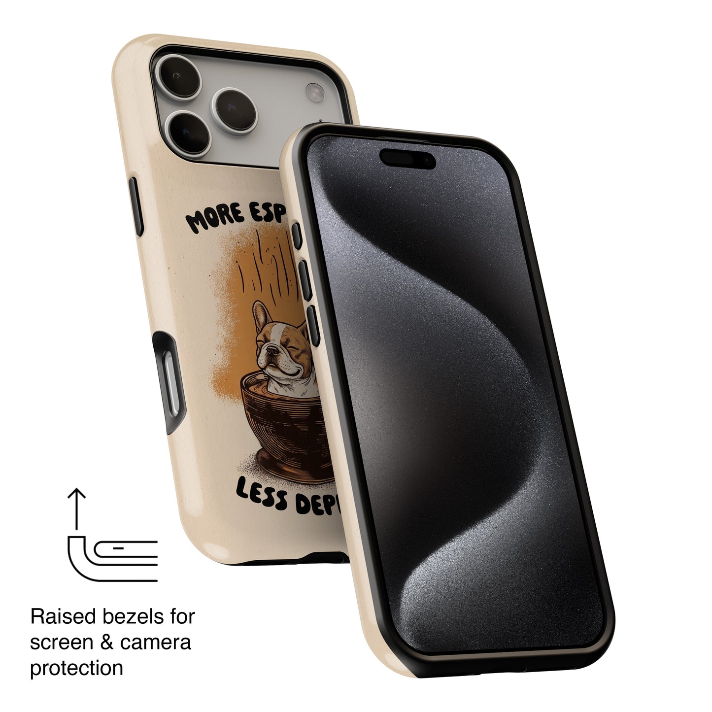 More Espresso, Less Depresso – Frenchie Coffee Design iPhone Case