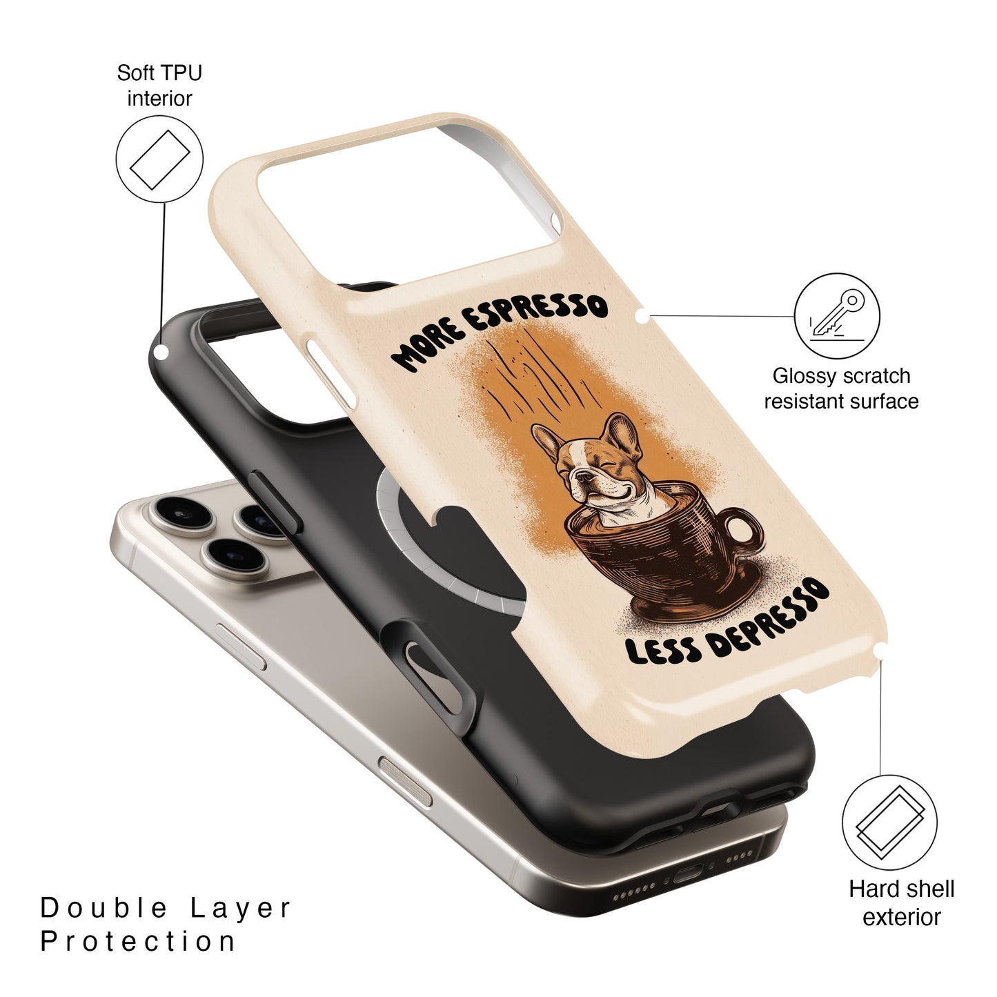 More Espresso, Less Depresso – Frenchie Coffee Design iPhone Case