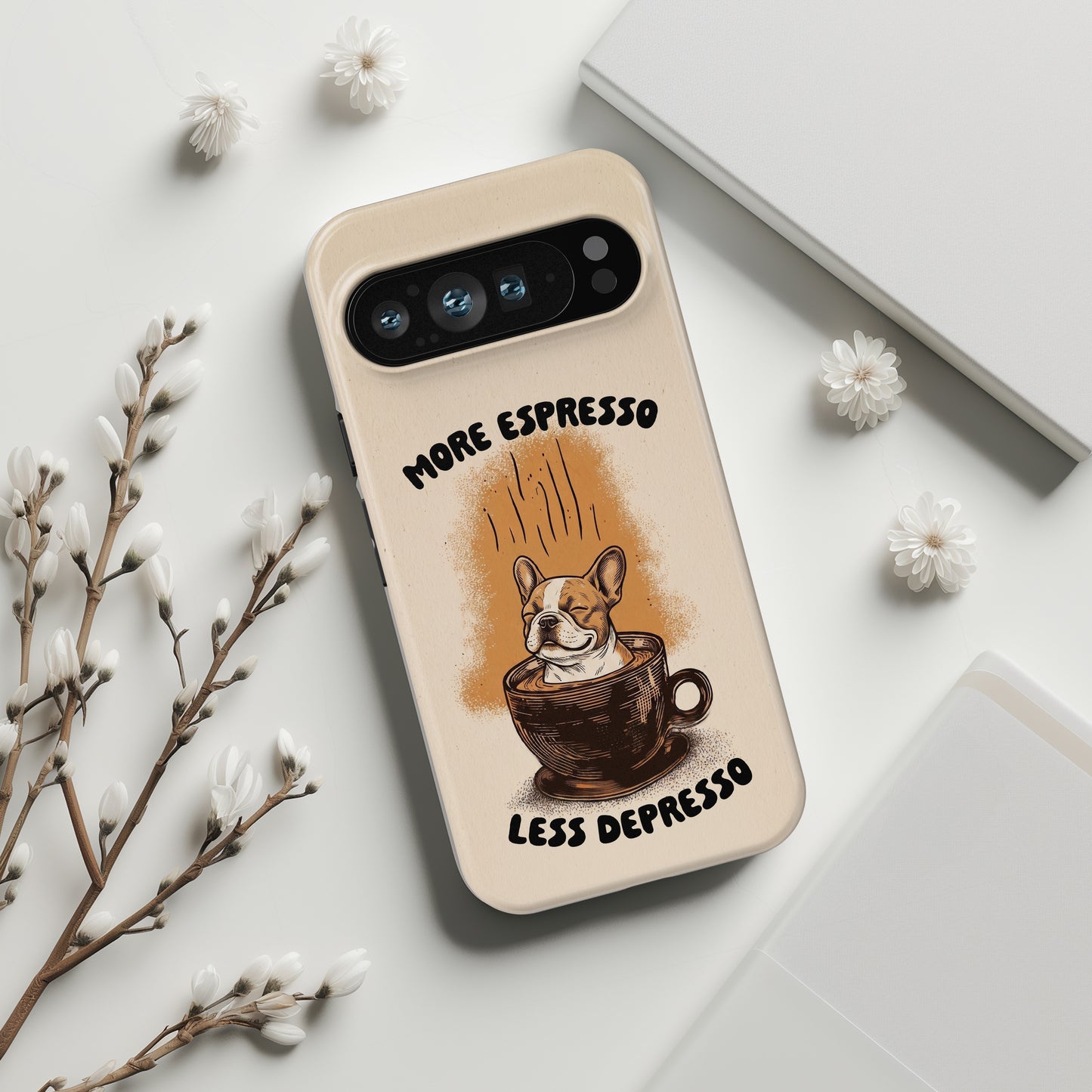 More Espresso, Less Depresso – Frenchie Coffee Design Phone Case for Google Pixel