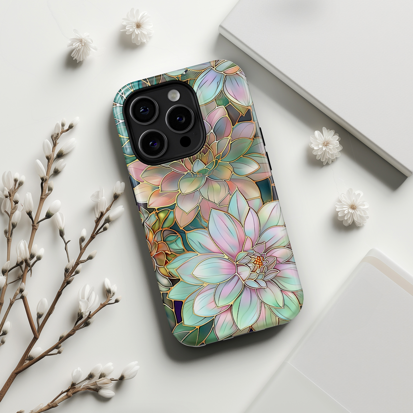 Pastel Dahlia Flowers Stained Glass Design iPhone Case