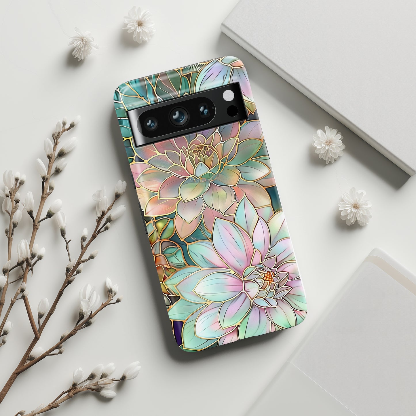Pastel Dahlia Flowers Stained Glass Design Google Pixel Phone Case