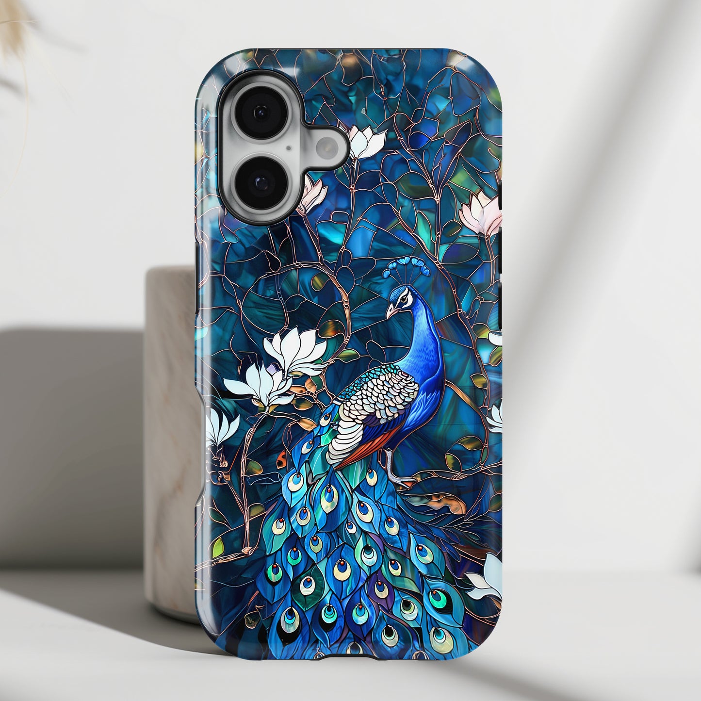 Peacock in Magnolia Tree Stained Glass Design iPhone Case