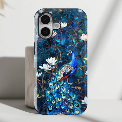 Peacock in Magnolia Tree Stained Glass Design iPhone Case