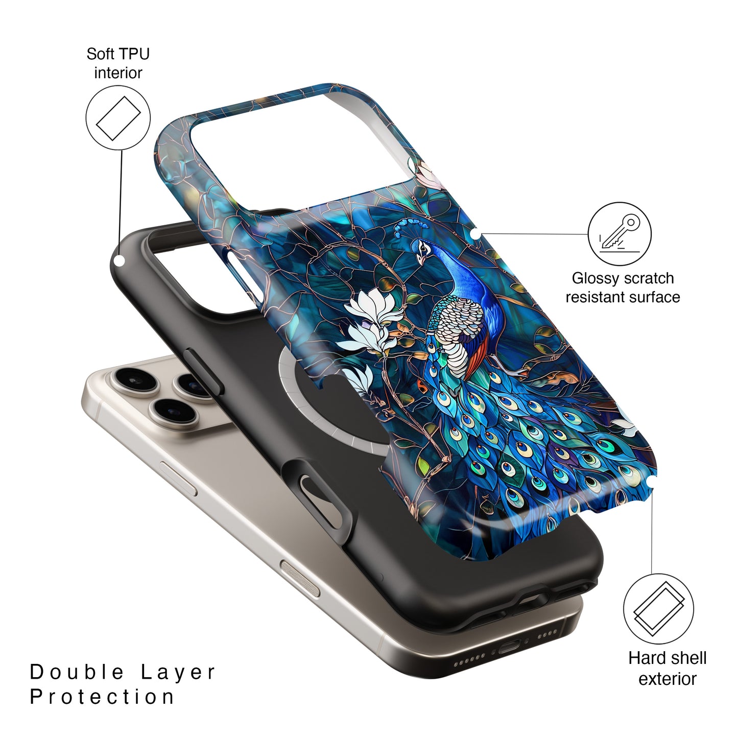 Peacock in Magnolia Tree Stained Glass Design iPhone Case