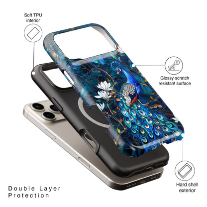 Peacock in Magnolia Tree Stained Glass Design iPhone Case