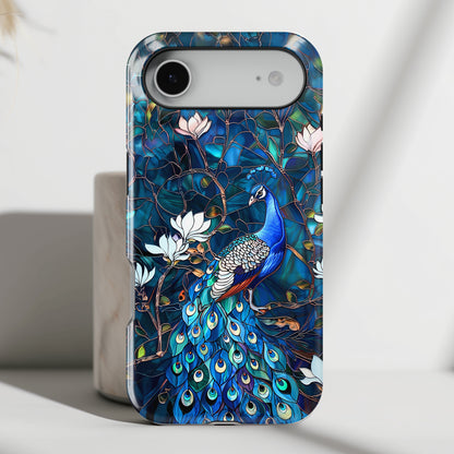 Peacock in Magnolia Tree Stained Glass Design iPhone Case
