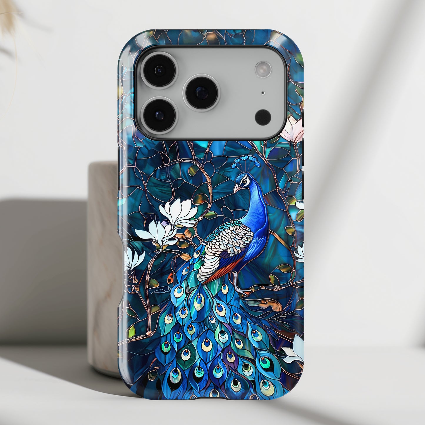 Peacock in Magnolia Tree Stained Glass Design iPhone Case